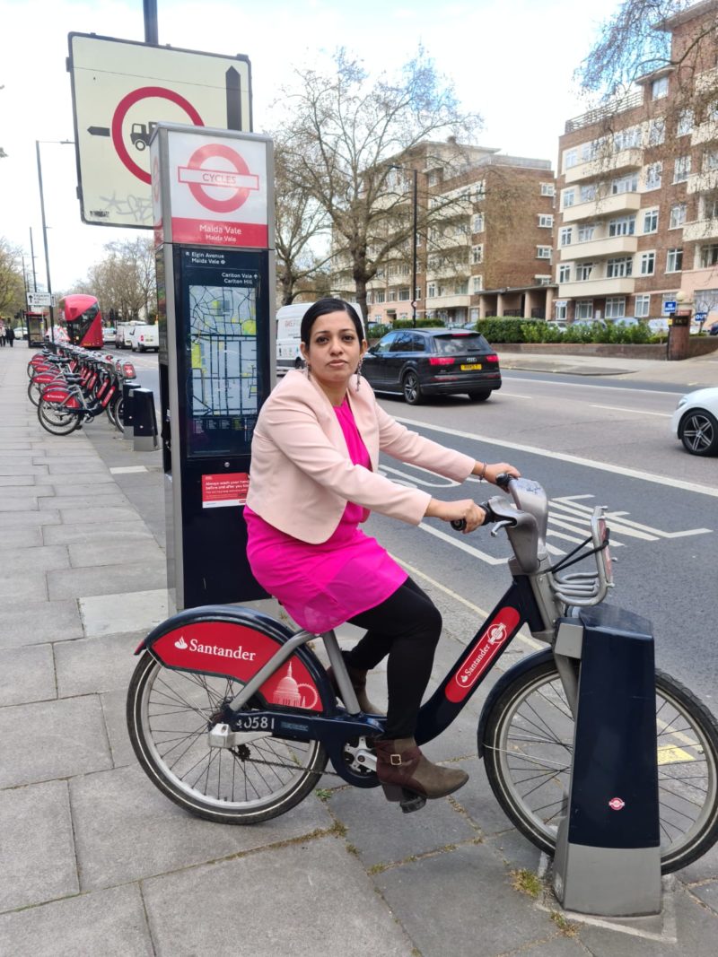 Cllr Rita Begum on a Santander Cycle