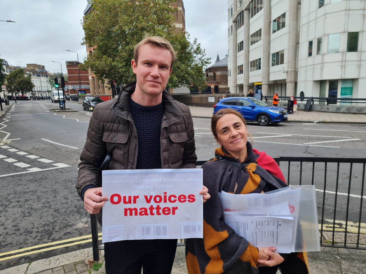 Cllr Tim Roca at a protest with parents