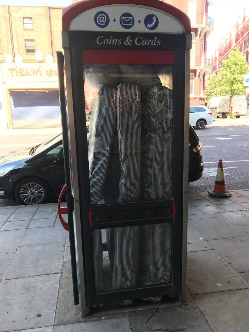BT phone box filled with mattresses