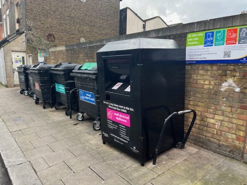 Recycling bins at Bouverie Place