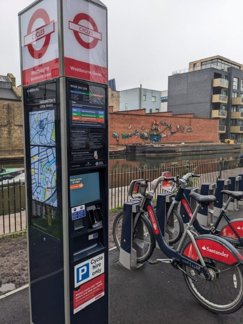 Santander bike hire station at Westbourne Green
