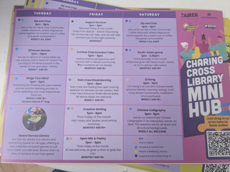 Programme of activities at Charing Cross Community Hub