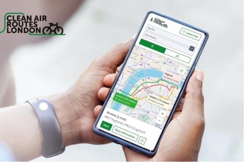 Photo of phone with interactive clean air routes